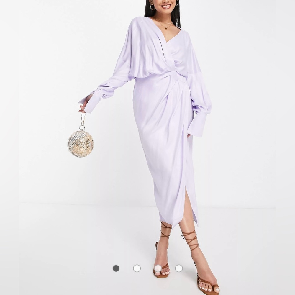 ASOS EDITION Satin Drape Midi Dress with Wrap Bodice and Skirt Lilac